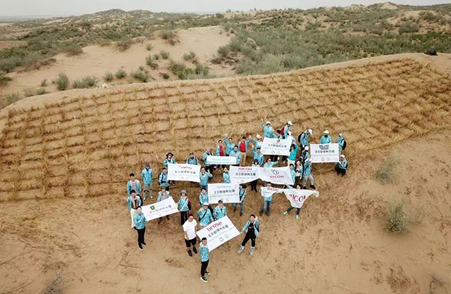 (Group photo of Hona Organic and environmentalists in front of the 'grass grids' they made)